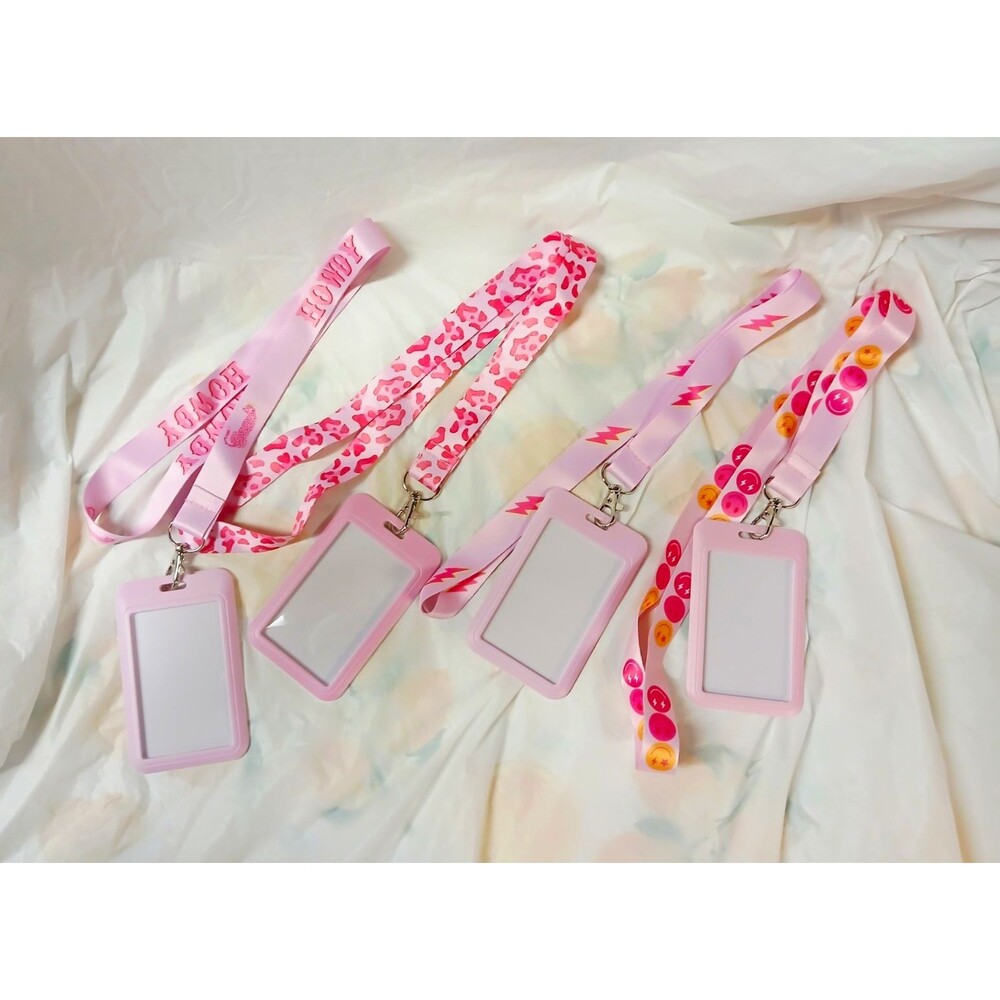 Pink 4-Piece Lanyard ID/Document Holder Set, Mixed Patterns, Smiley Theme